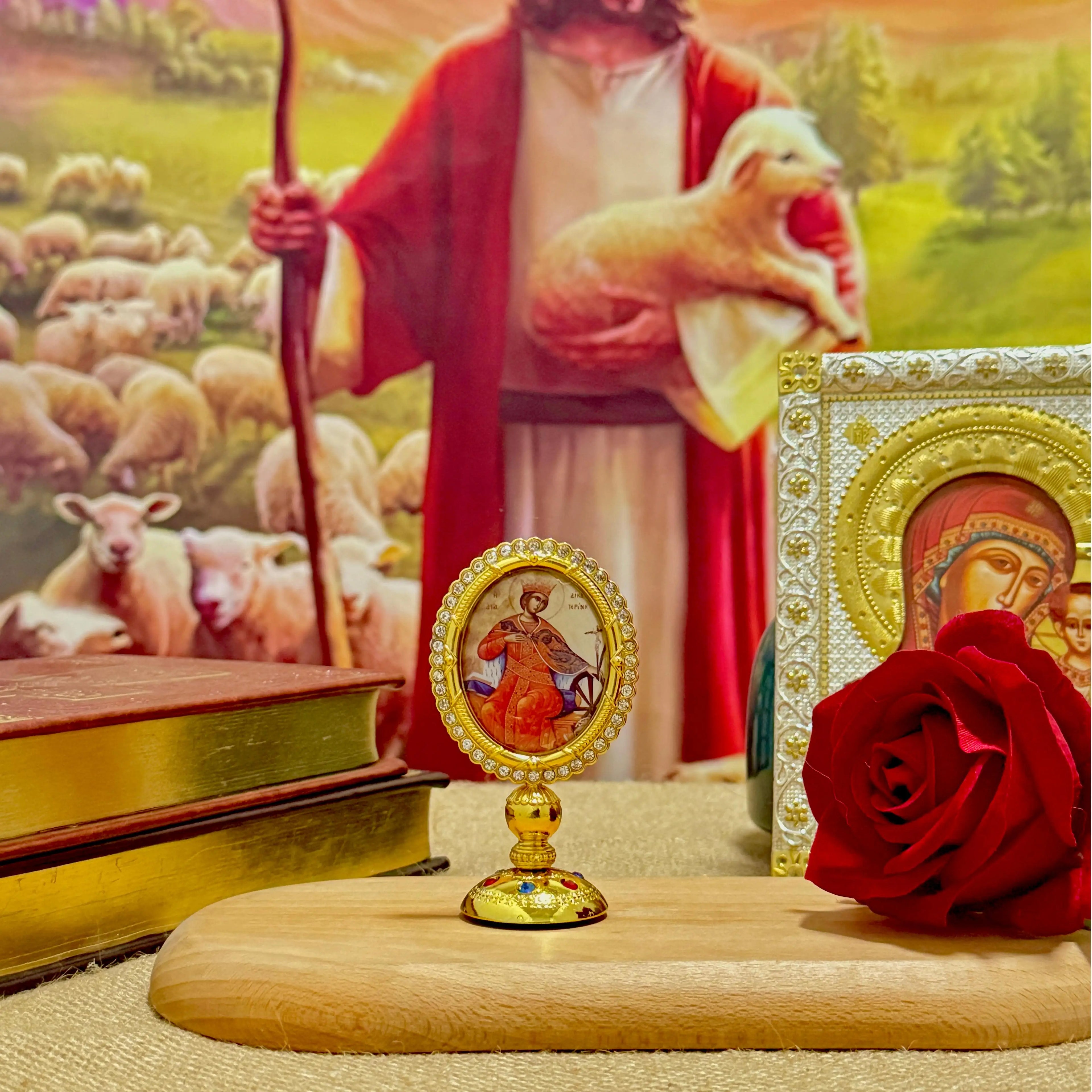 3.35” Orthodox Virgin Mary Icon for Car Dashboard – Gold-Plated Christian Dashboard Ornament with Stick-On Base - Sylva