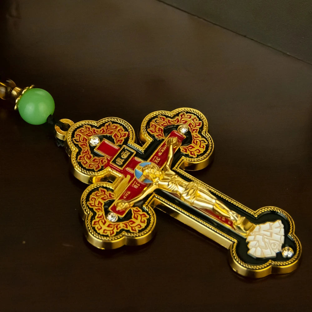 Orthodox Cross Necklace with Wooden Rosary Beads – Jesus Crucifix Prayer Jewelry