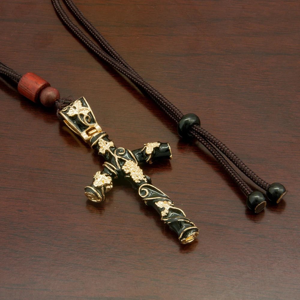 Christian Grape Vine Crucifix Bead Necklace – Black & Gold Religious Pendant - Sylva
