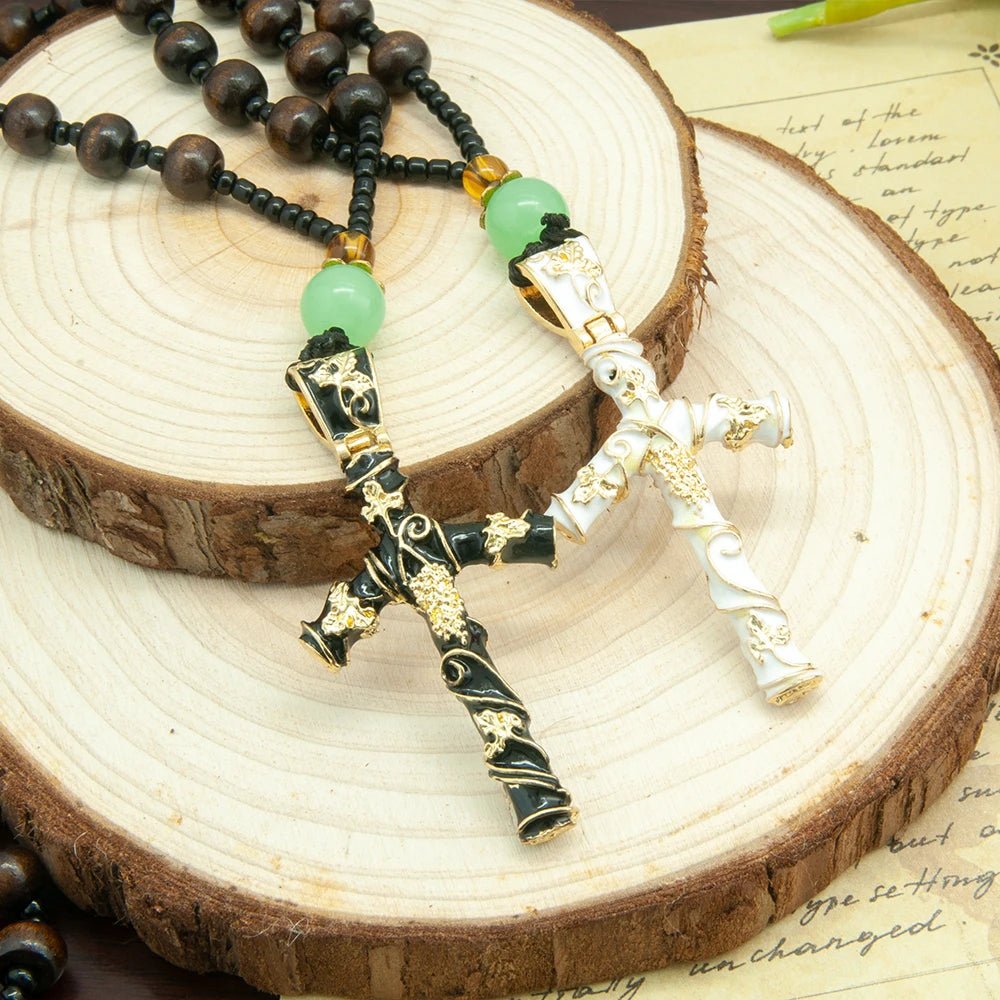 Christian Grape Vine Crucifix Bead Necklace – Black & Gold Religious Pendant - Sylva