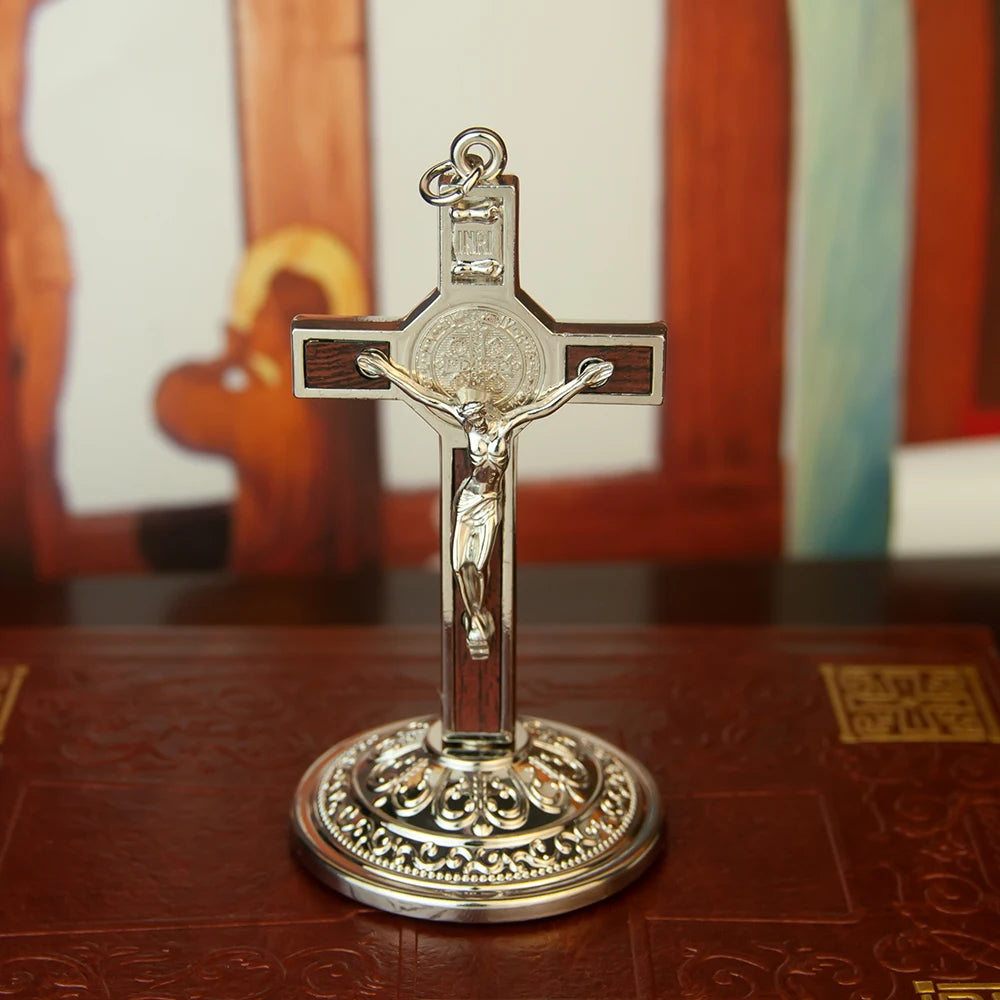 Catholic Table Crucifix with Stand – Metal Jesus Cross for Home Altar & Prayer