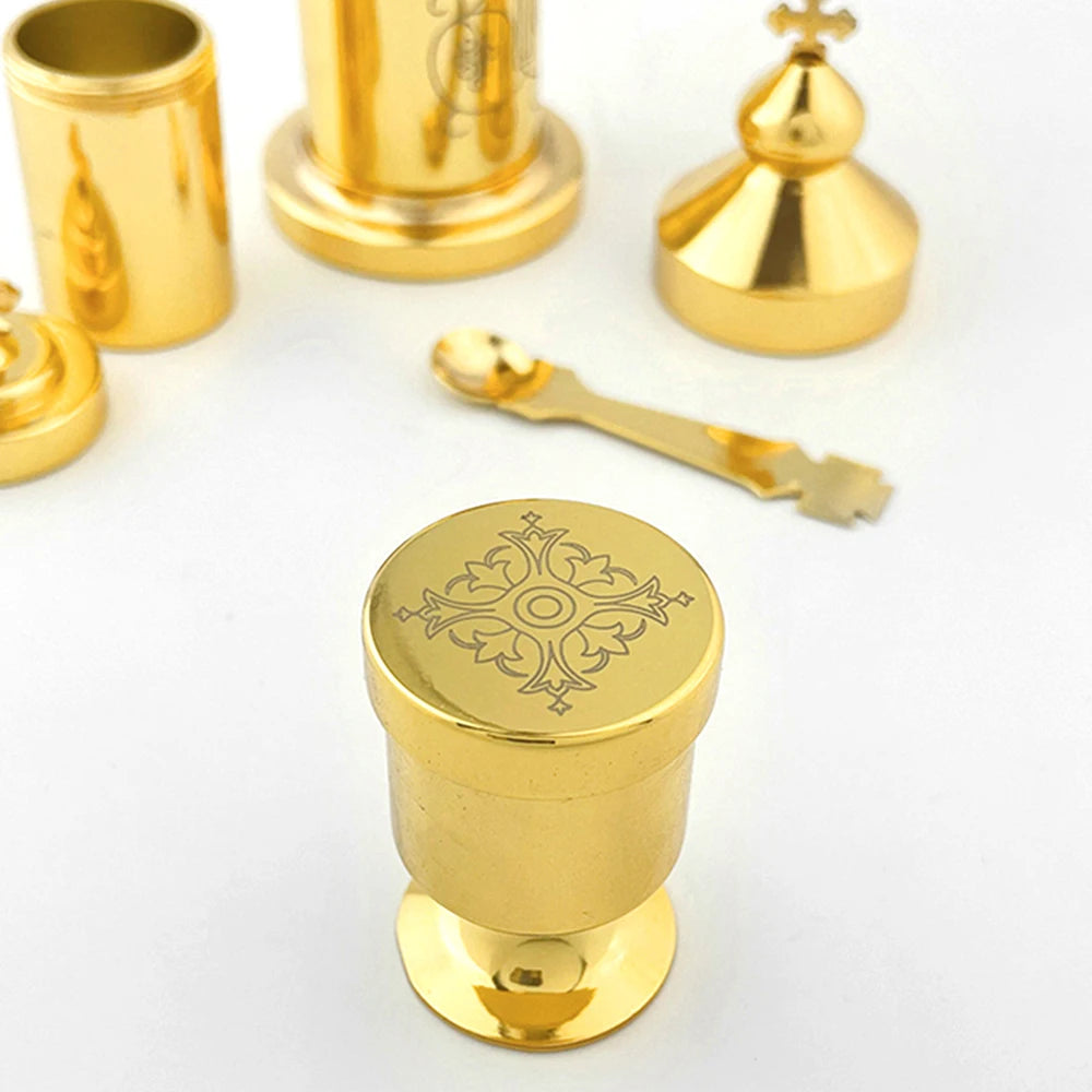 Orthodox Holy Oil Vessel with Prayer Spoon – Gold Plated Eastern Church Ceremonial Oil Container
