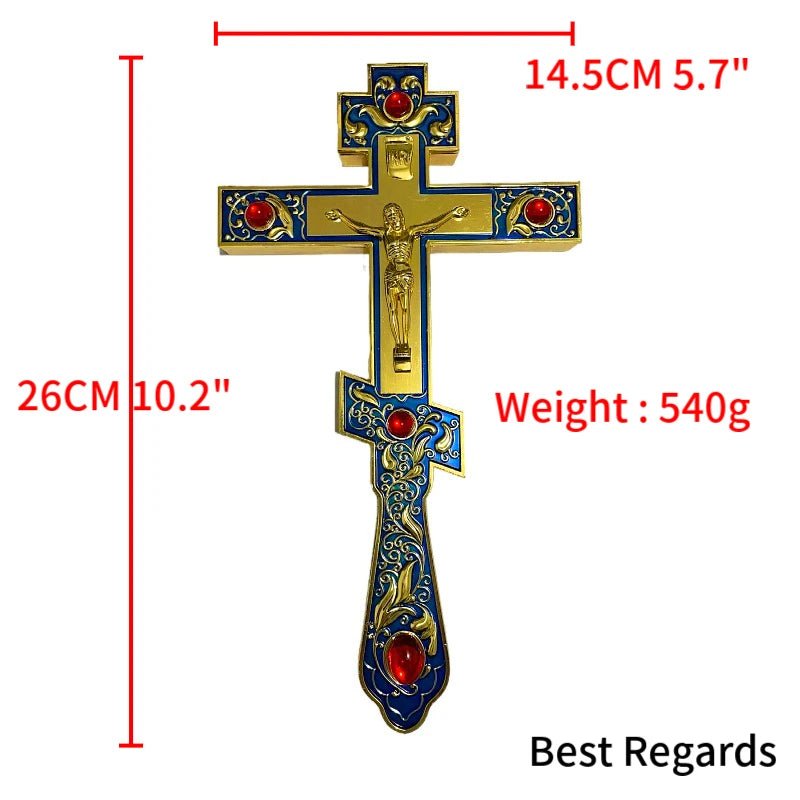 Large Orthodox-Style Blessing Crucifix – Blue Gold Wall Cross with Gift Box - Sylva