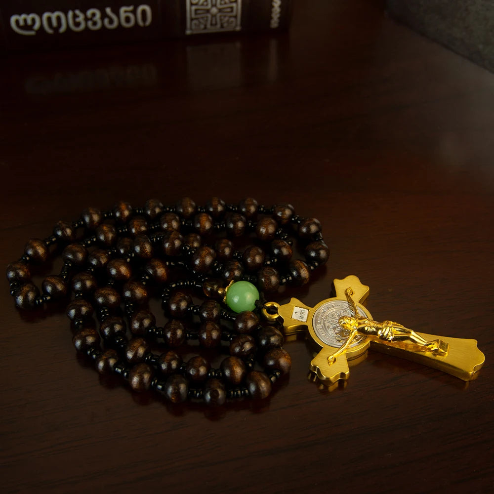 Orthodox Crucifix Necklace with Wooden Rosary Beads – Gold Cross Pendant