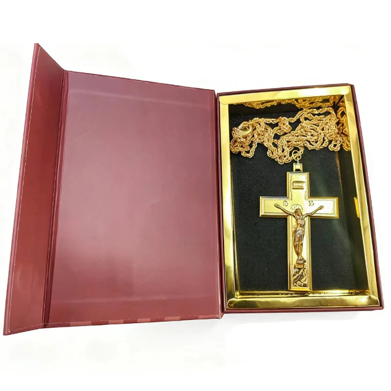 Orthodox-Style Pectoral Crucifix Necklace – Gold or Silver Christian Cross Pendant with 72 cm Chain