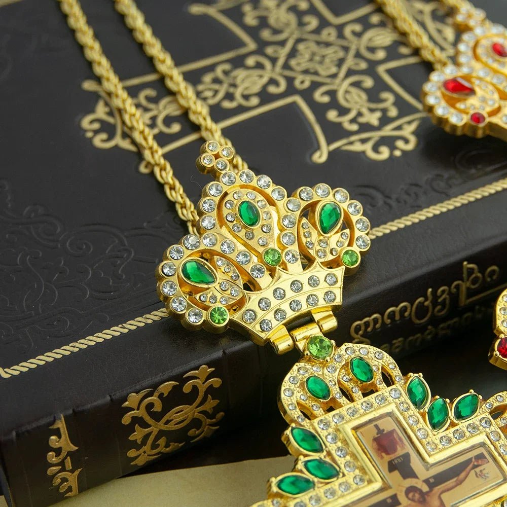 Gold-Plated Orthodox Pectoral Cross with Chain & Gemstone Accents - Sylva