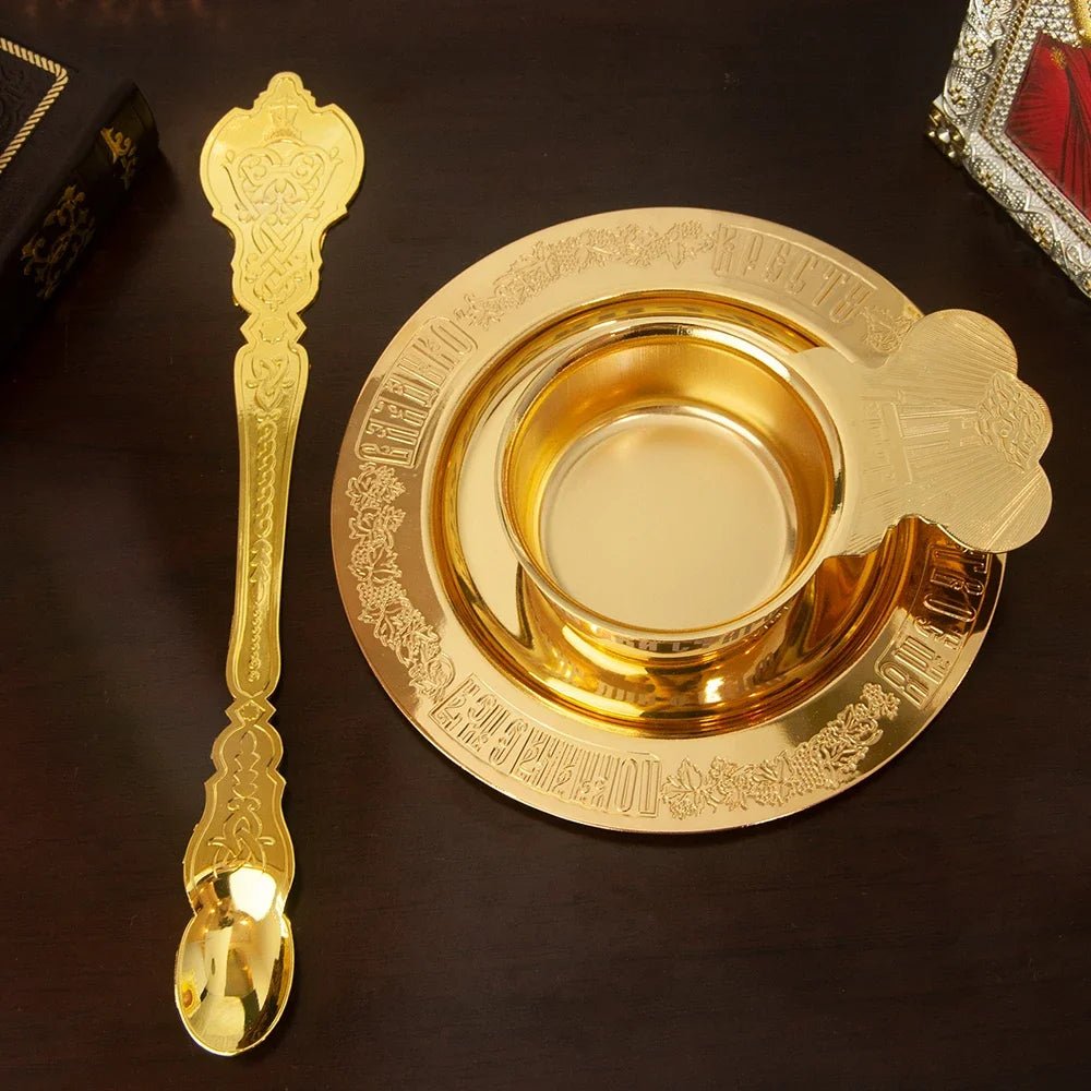 Gold-Plated Orthodox Holy Oil Utensil Set – Engraved Liturgical Dish, Spoon & Vessel - Sylva