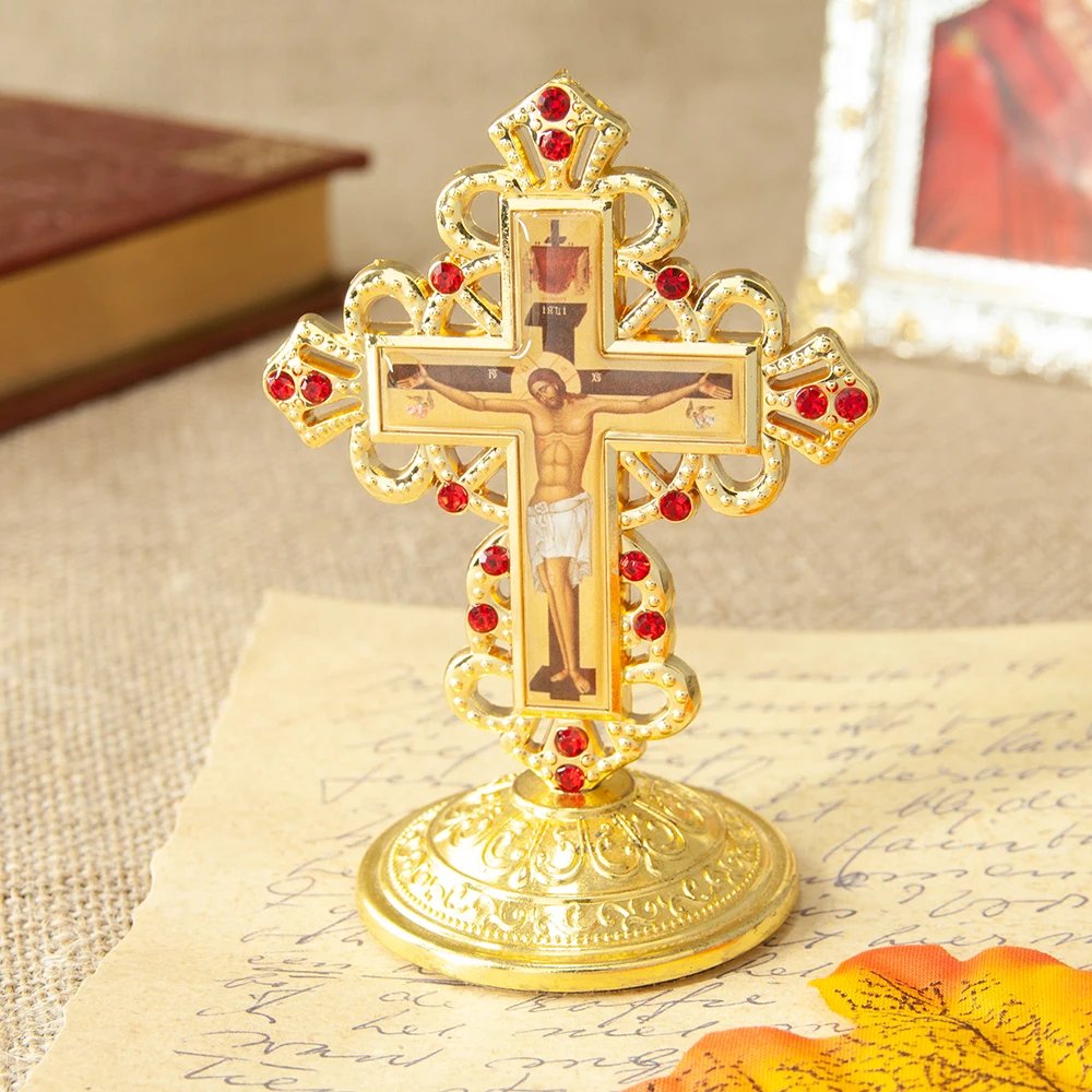 Gold Jesus Crucifix Cross Ornament with Red Rhinestones – 3.5” Zinc Alloy Christian Home Altar Desktop Cross Decoration | Orthodox & Catholic Religious Gift