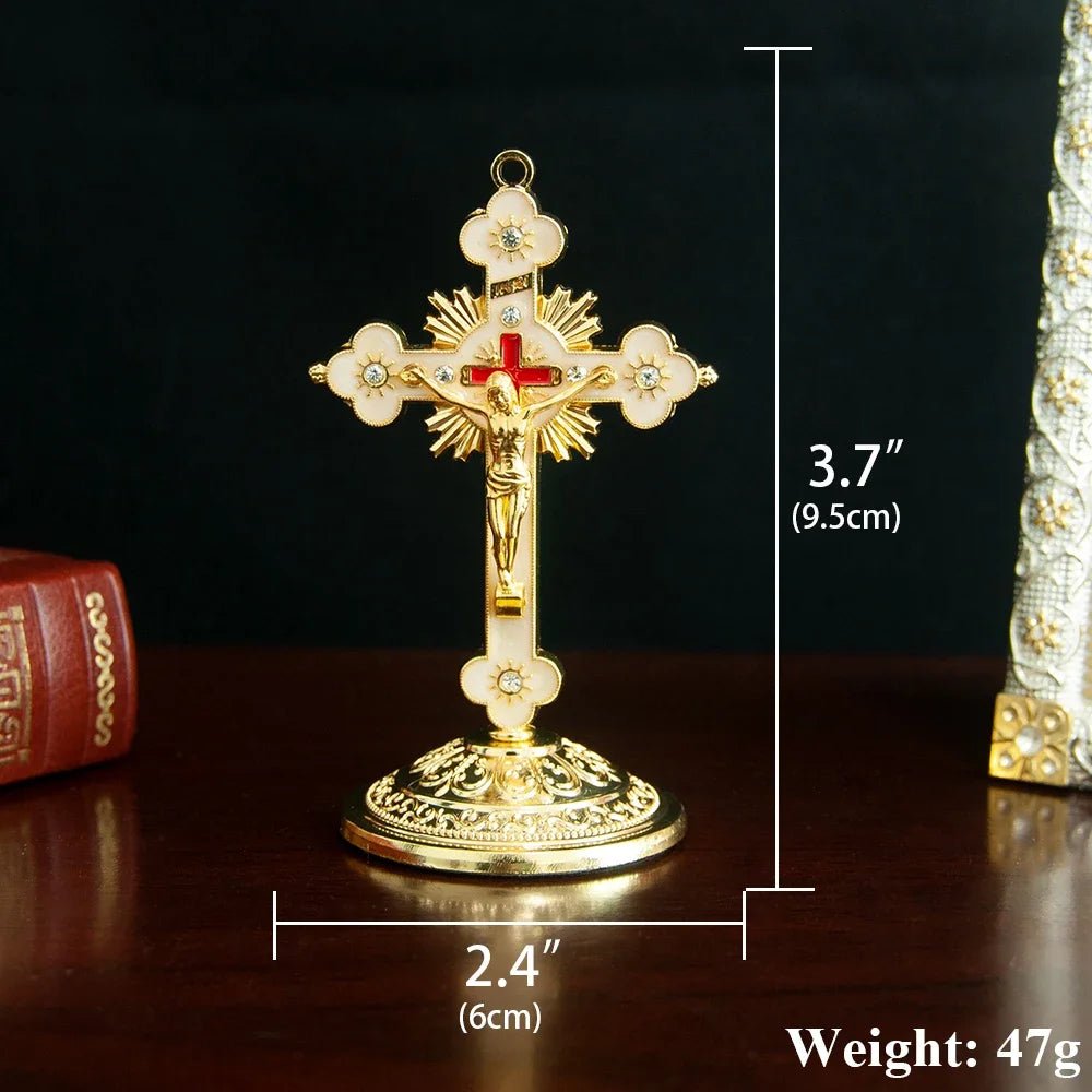 Small Gold Tabletop Crucifix – Christian Home and Car Cross Ornament - Sylva