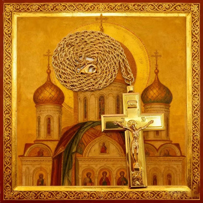 Orthodox-Style Pectoral Crucifix Necklace – Gold or Silver Christian Cross Pendant with 72 cm Chain - Sylva