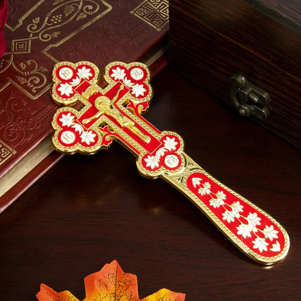 Orthodox Handheld Blessing Cross with Jesus Icon – Gold Enamel Crucifix