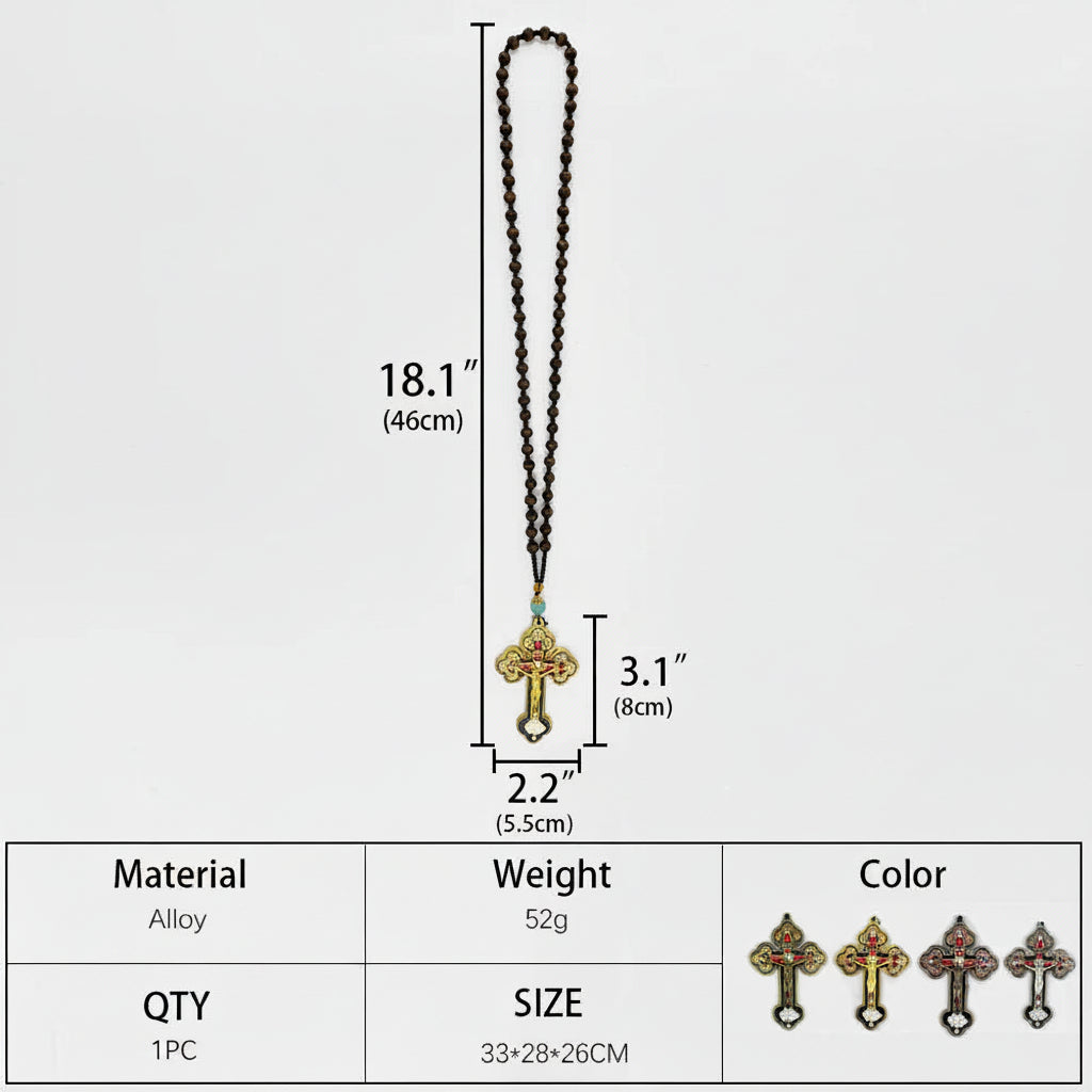 Orthodox Cross Necklace with Wooden Rosary Beads – Jesus Crucifix Prayer Jewelry