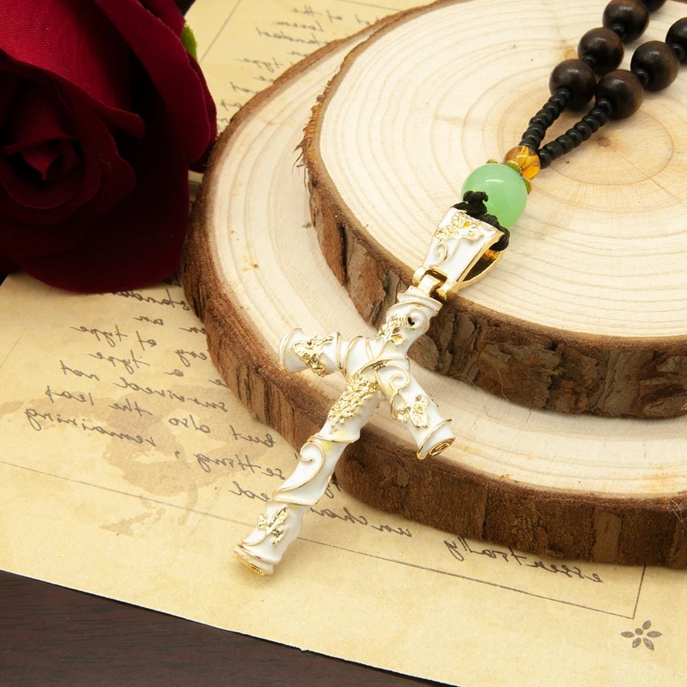 Christian Grape Vine Crucifix Bead Necklace – Black & Gold Religious Pendant - Sylva
