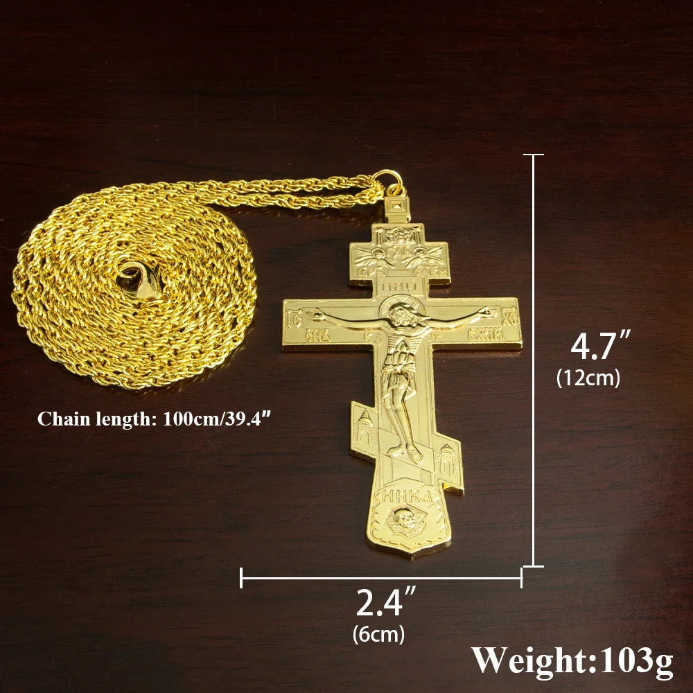 Gold-Plated Orthodox Jesus Pectoral Cross Pendant Necklace