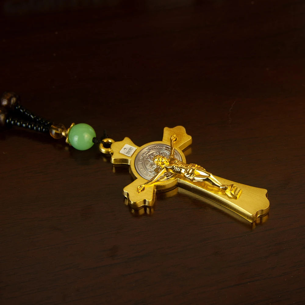 Orthodox Crucifix Necklace with Wooden Rosary Beads – Gold Cross Pendant