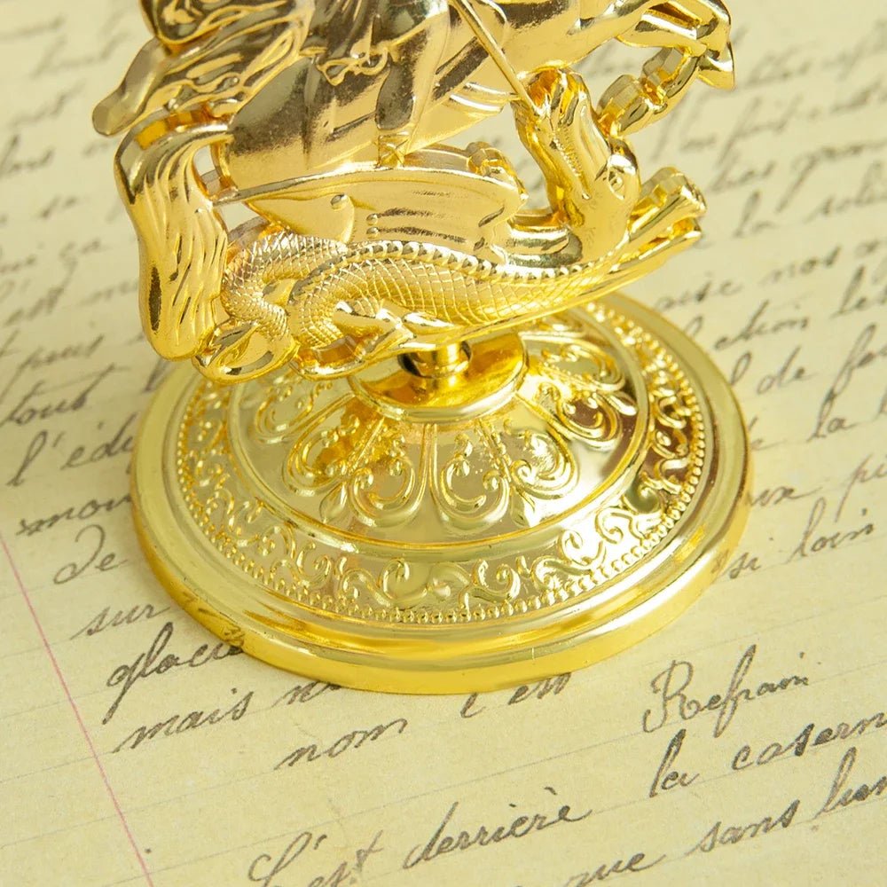 Saint George Dragon Slayer Statue – Gold-Tone Orthodox-Inspired Christian Table Decor - Sylva