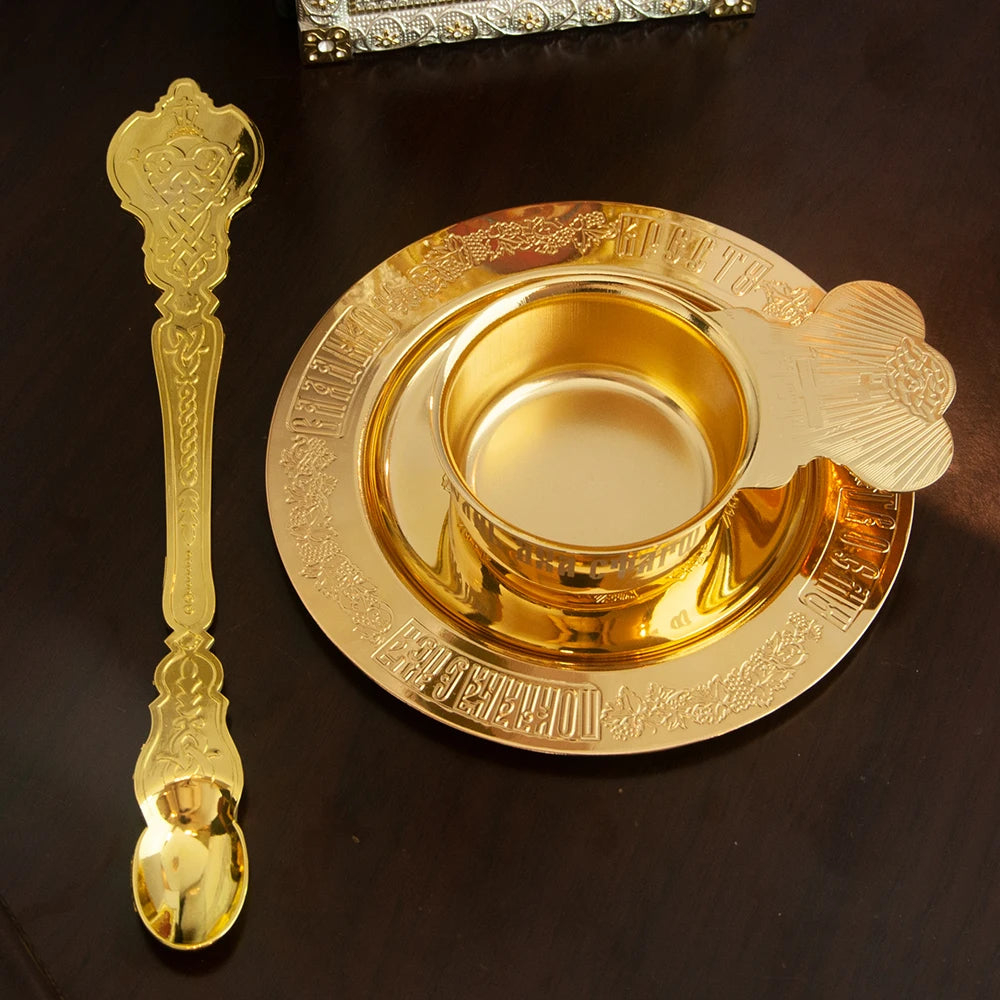 Gold-Plated Orthodox Holy Oil Utensil Set – Engraved Liturgical Dish, Spoon & Vessel