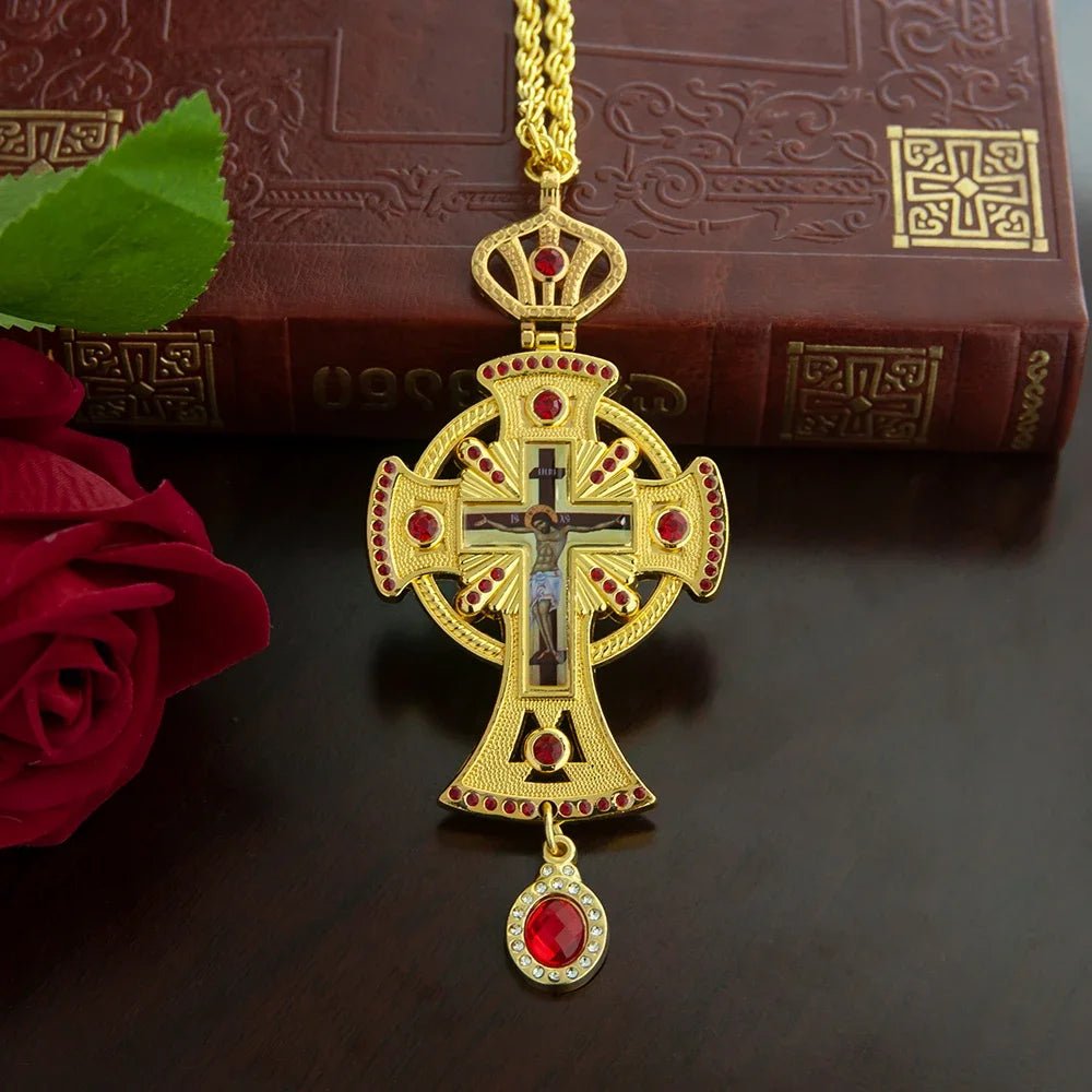 Orthodox Pectoral Cross Necklace – Gold-Tone Christian Prayer Pendant with Blue Crystal Details - Sylva