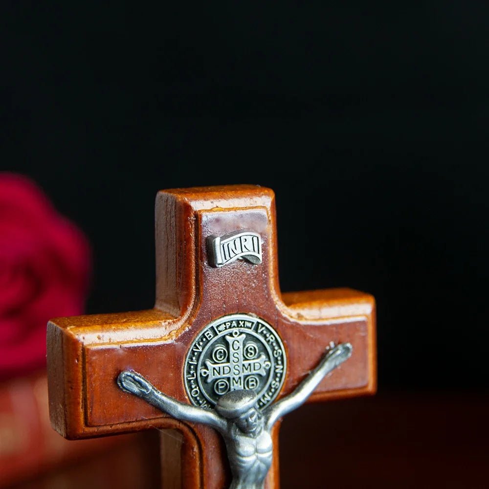 Catholic Wooden Saint Benedict Crucifix with Base – 11cm Standing Prayer Cross - Sylva