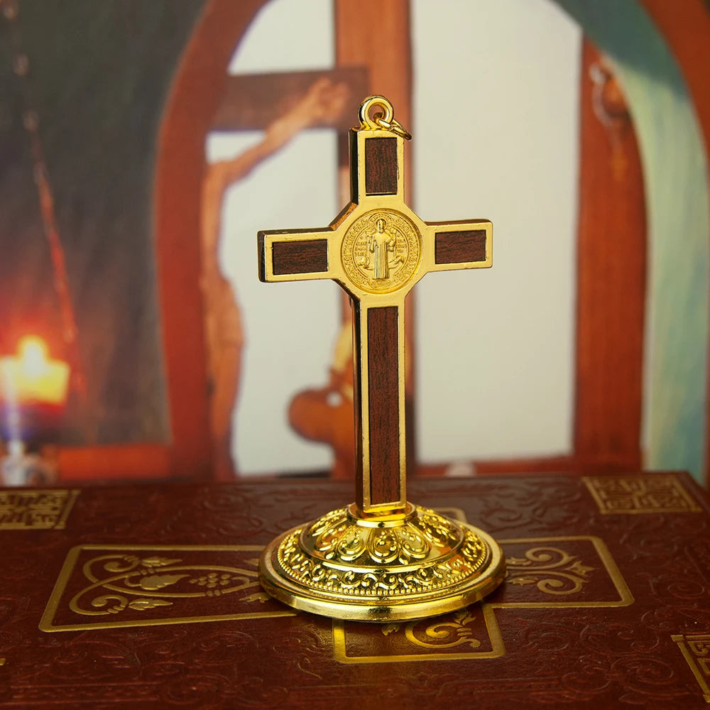 Catholic Table Crucifix with Stand – Metal Jesus Cross for Home Altar & Prayer