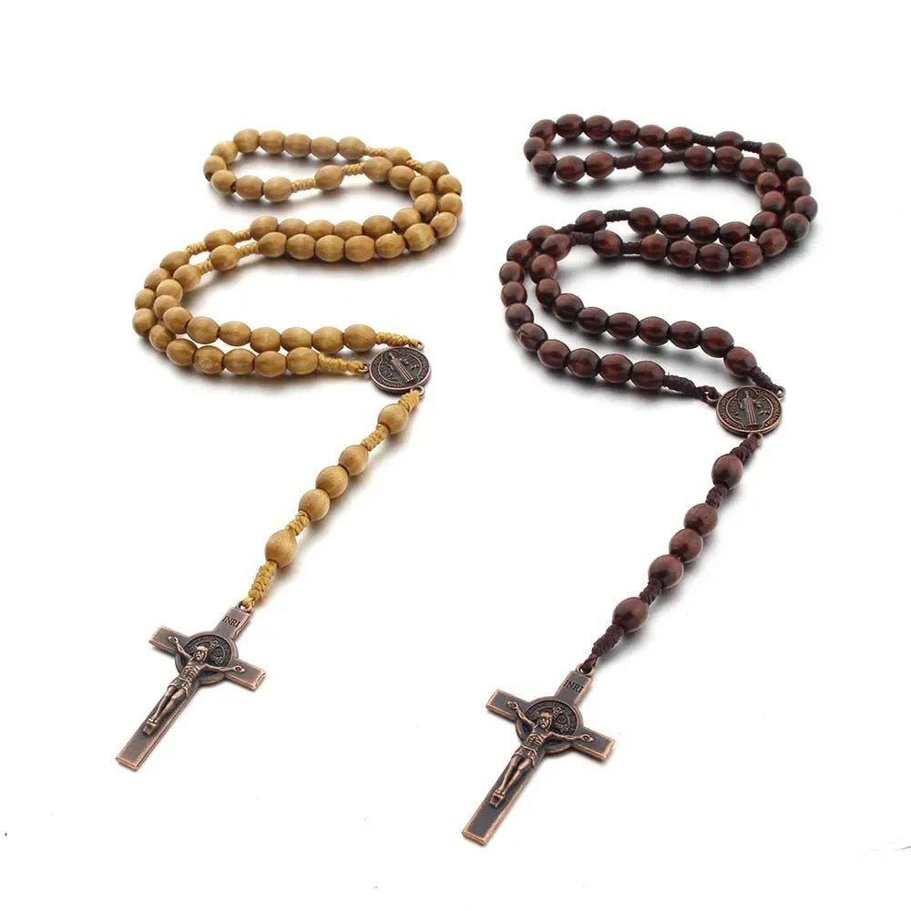 Handmade Wooden Bead Rosary Necklace with Crucifix – Braided Catholic Prayer Rosary for Men & Women - Sylva