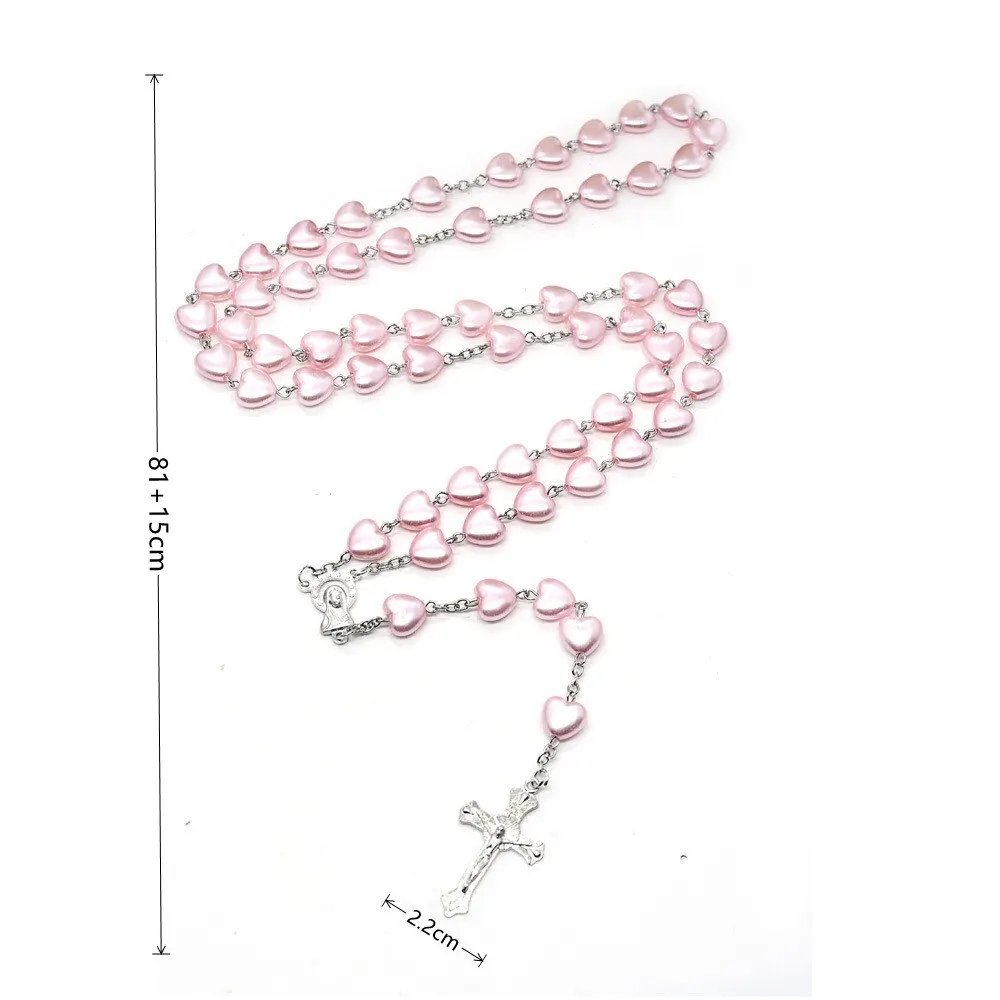 Handmade Pink & White Heart Bead Rosary Necklace – White Gold-Plated Catholic Prayer Beads with Cross Crucifix | Christian Devotional Gift
