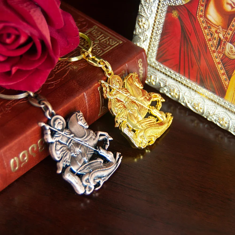 Orthodox Saint George Keychain – Gold-Tone Christian Protection Key Ring