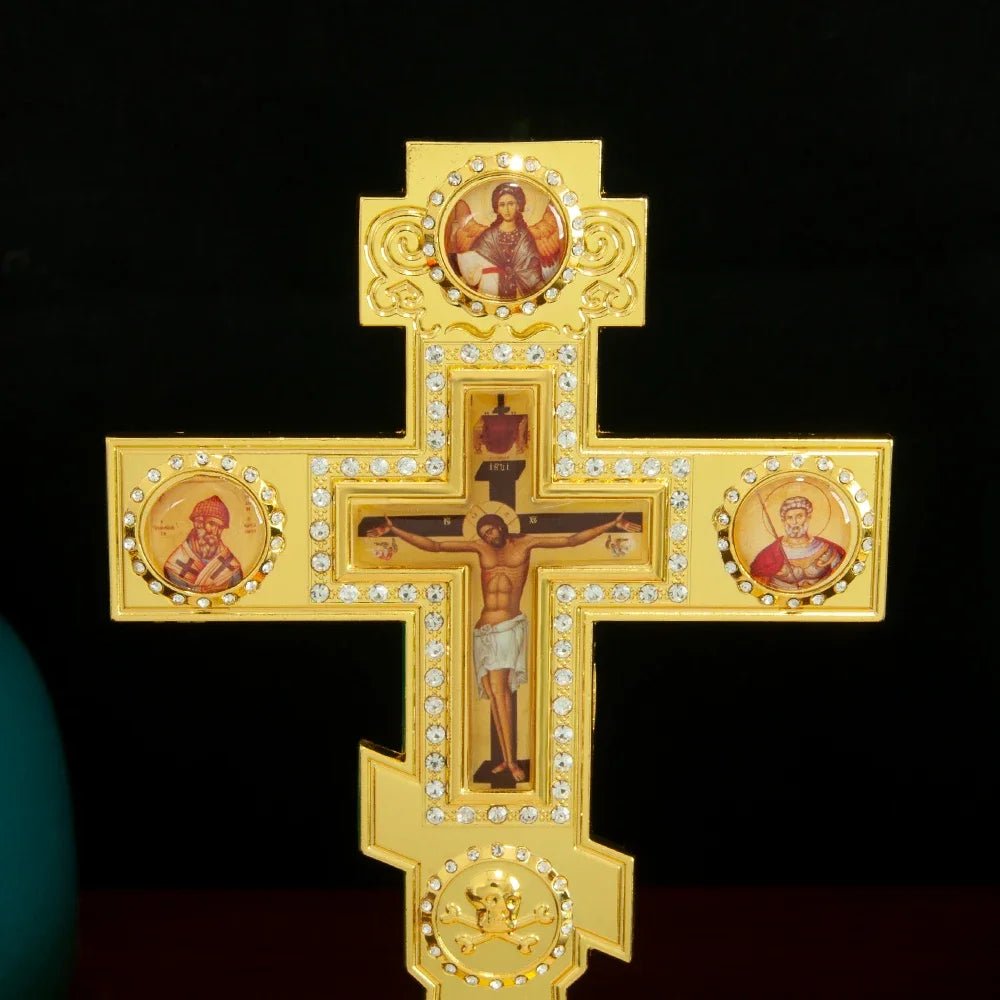 Orthodox-Style Standing Crucifix with Icon Details – Gold-Tone Prayer Corner Cross - Sylva