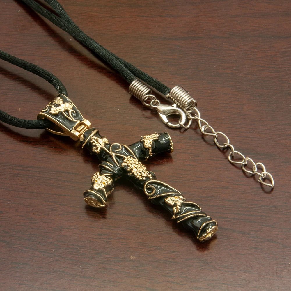 Christian Grape Vine Crucifix Bead Necklace – Black & Gold Religious Pendant - Sylva