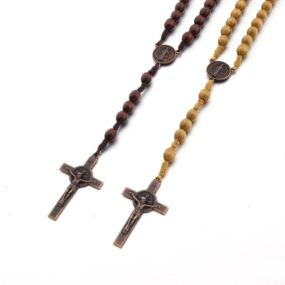 Handmade Wooden Bead Rosary Necklace with Crucifix – Braided Catholic Prayer Rosary for Men & Women - Sylva