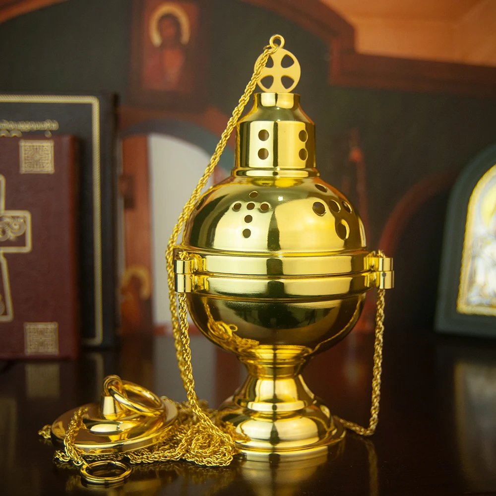 Premium Orthodox Church Incense Burner with Boat & Spoon – Traditional Greek Metal Thurible for Catholic & Orthodox Worship
