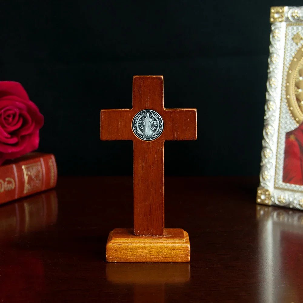 Catholic Wooden Saint Benedict Crucifix with Base – 11cm Standing Prayer Cross - Sylva