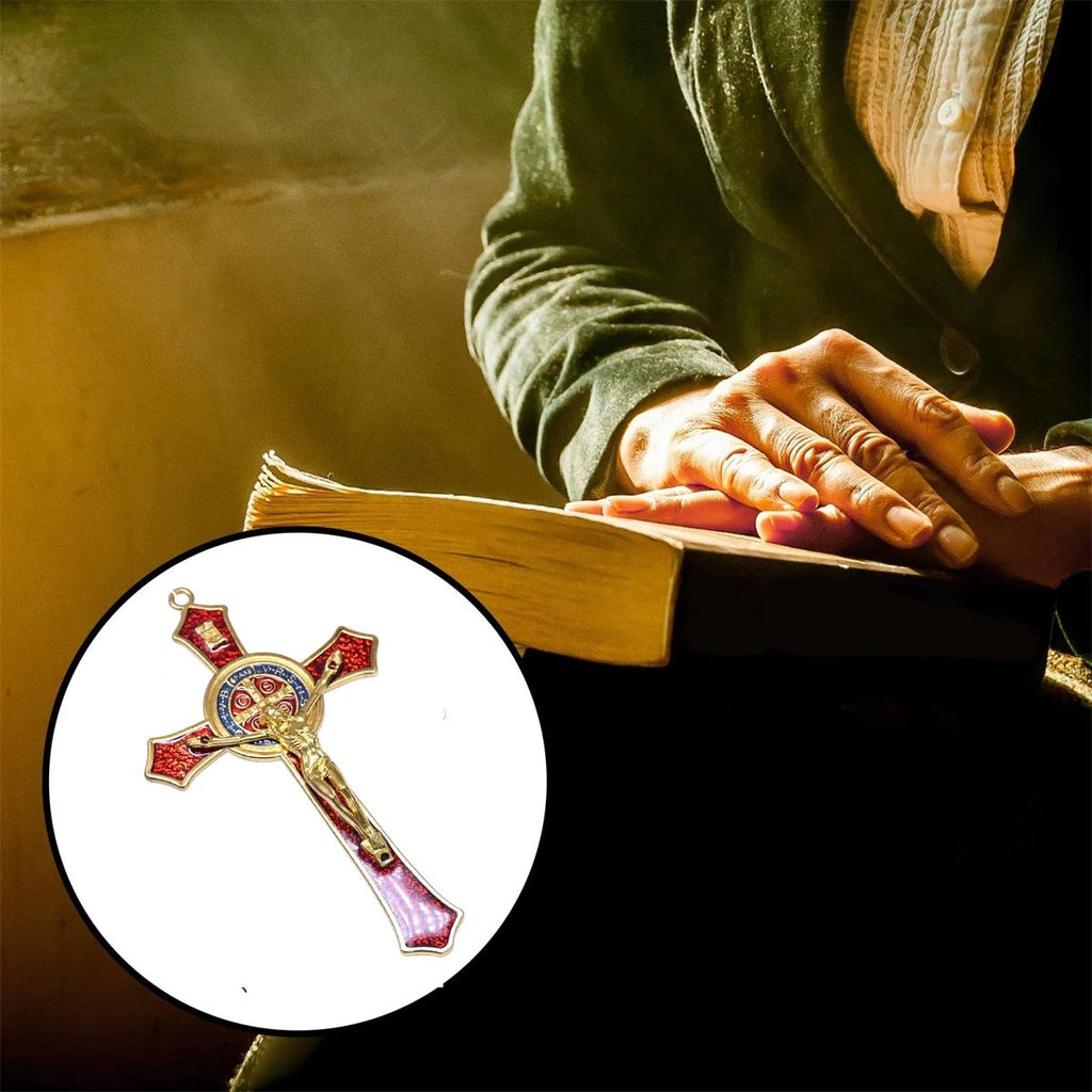 Saint Benedict Red Enamel Wall Crucifix Cross 12cm | Catholic Protection Cross with San Benito Medal