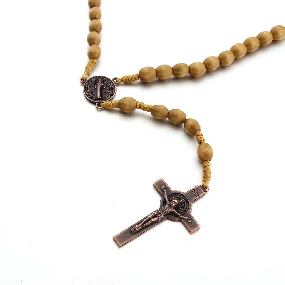 Handmade Wooden Bead Rosary Necklace with Crucifix – Braided Catholic Prayer Rosary for Men & Women - Sylva