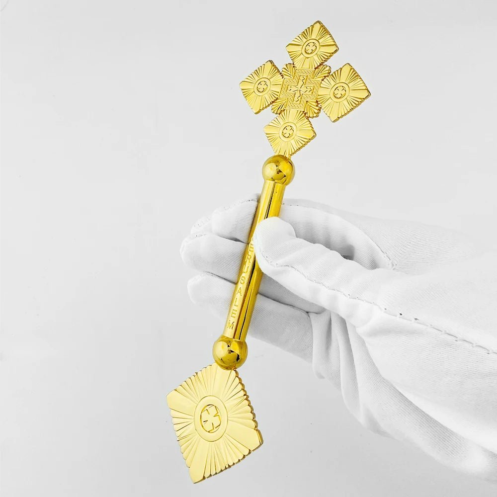 Jerusalem Blessing Orthodox Hand Cross – Handmade Gold Zinc Alloy Prayer Cross with Gift Box | Church Blessing Cross for Worship & Clergy - Sylva
