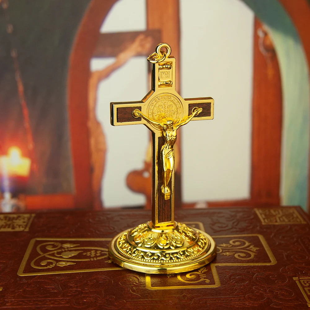 Catholic Table Crucifix with Stand – Metal Jesus Cross for Home Altar & Prayer