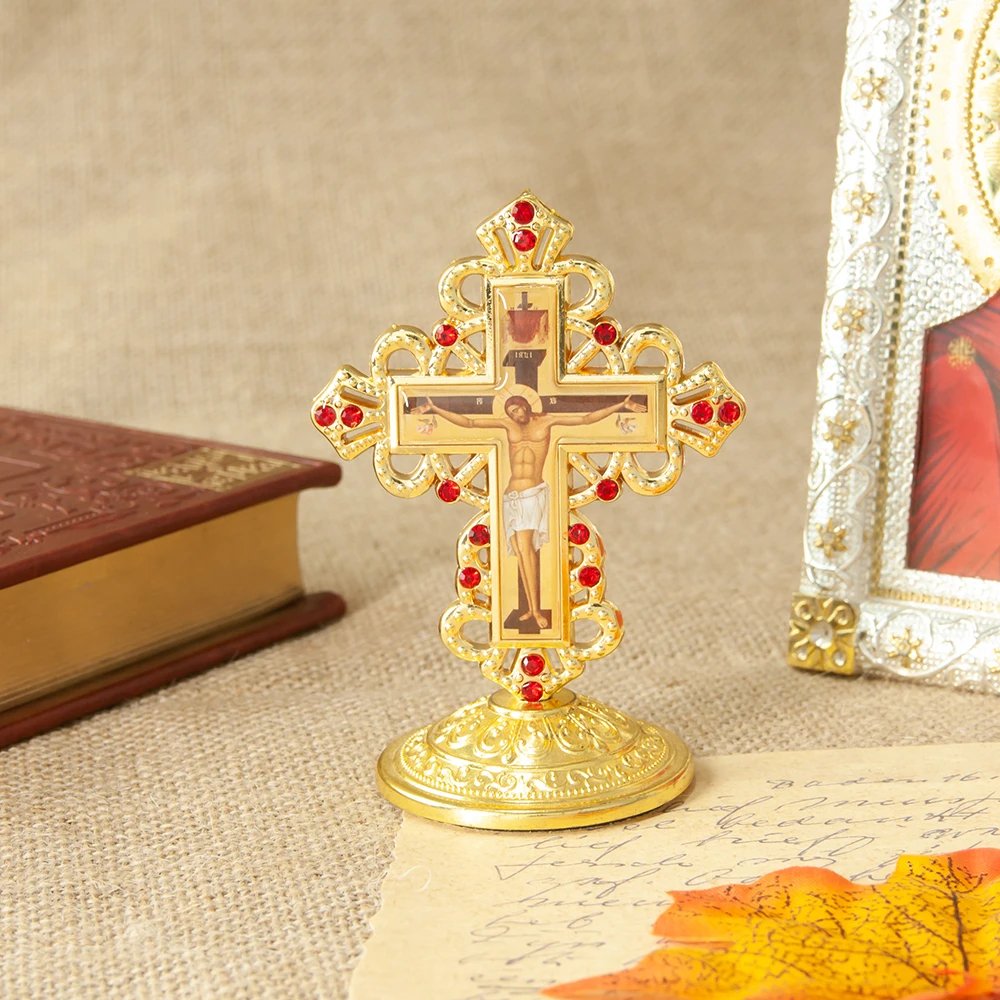 Gold Jesus Crucifix Cross Ornament with Red Rhinestones – 3.5” Zinc Alloy Christian Home Altar Desktop Cross Decoration | Orthodox & Catholic Religious Gift