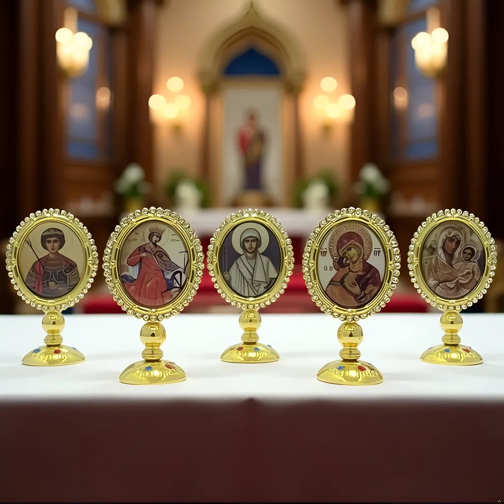 3.35” Orthodox Virgin Mary Icon for Car Dashboard – Gold-Plated Christian Dashboard Ornament with Stick-On Base - Sylva