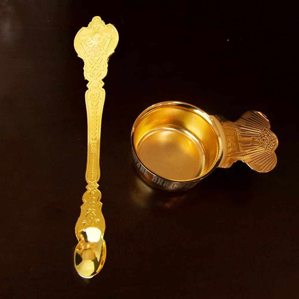 Gold-Plated Orthodox Holy Oil Utensil Set – Engraved Liturgical Dish, Spoon & Vessel - Sylva