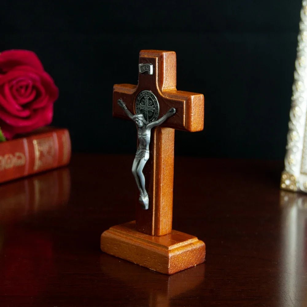 Catholic Wooden Saint Benedict Crucifix with Base – 11cm Standing Prayer Cross - Sylva