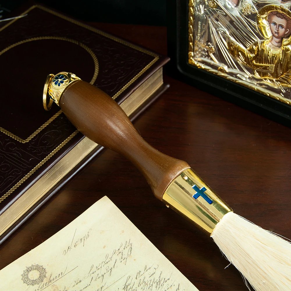 Orthodox Holy Water Blessing Brush – 15” Wooden Handle Holy Water Sprinkler with Synthetic Wool & Metal Cross | Church & Home Blessing Tool