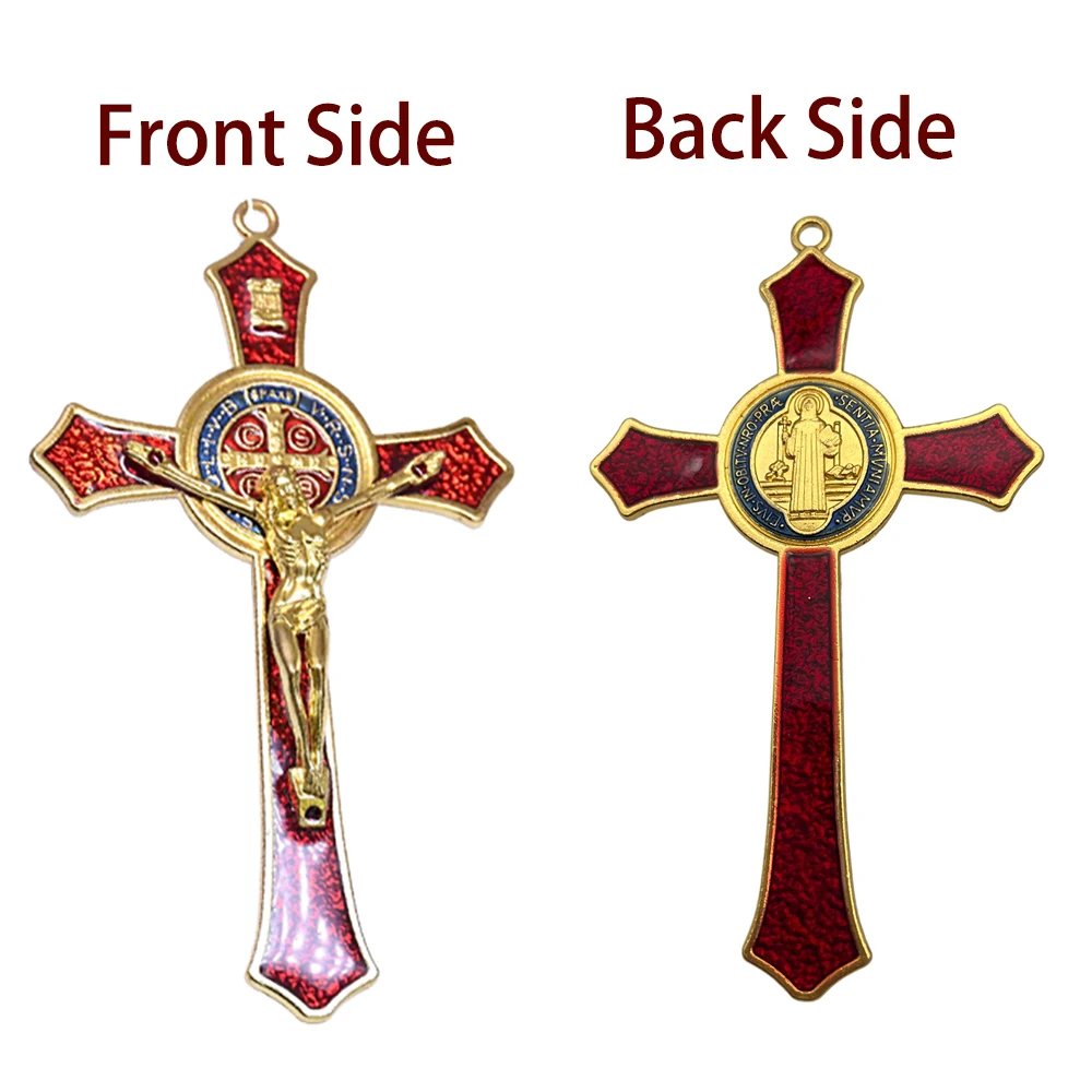 Saint Benedict Red Enamel Wall Crucifix Cross 12cm | Catholic Protection Cross with San Benito Medal