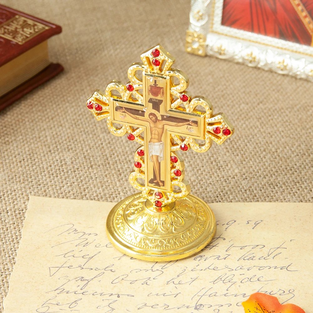 Gold Jesus Crucifix Cross Ornament with Red Rhinestones – 3.5” Zinc Alloy Christian Home Altar Desktop Cross Decoration | Orthodox & Catholic Religious Gift