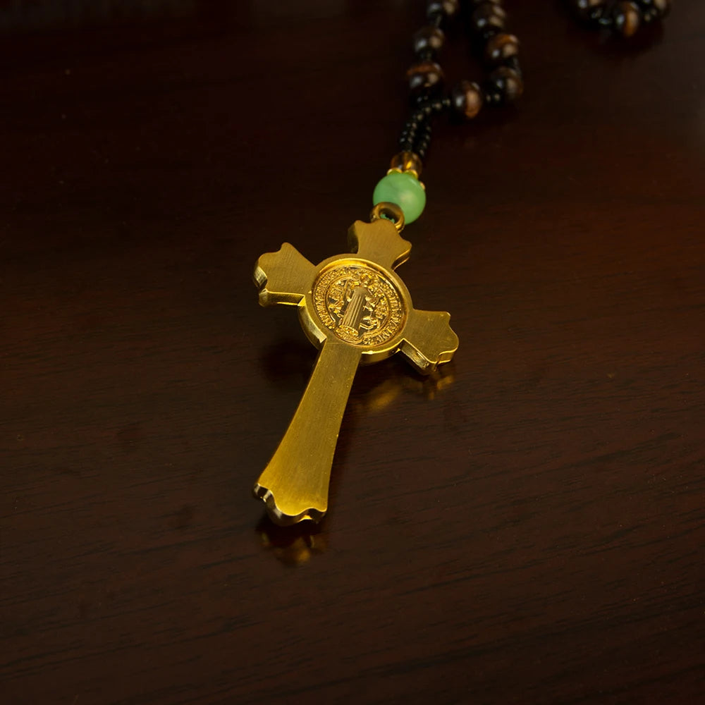 Orthodox Crucifix Necklace with Wooden Rosary Beads – Gold Cross Pendant