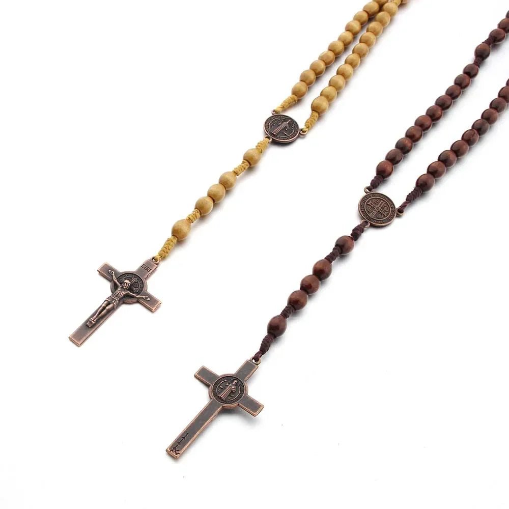Handmade Wooden Bead Rosary Necklace with Crucifix – Braided Catholic Prayer Rosary for Men & Women - Sylva