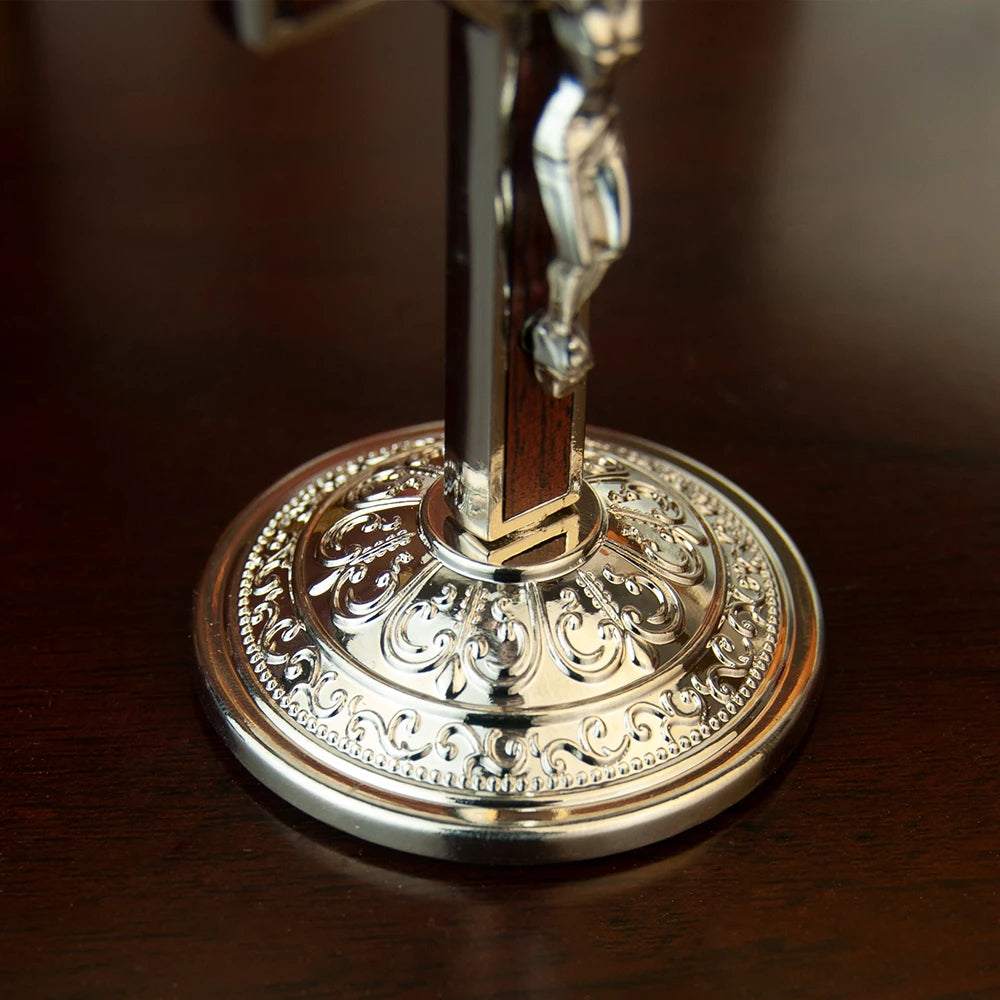 Catholic Table Crucifix with Stand – Metal Jesus Cross for Home Altar & Prayer