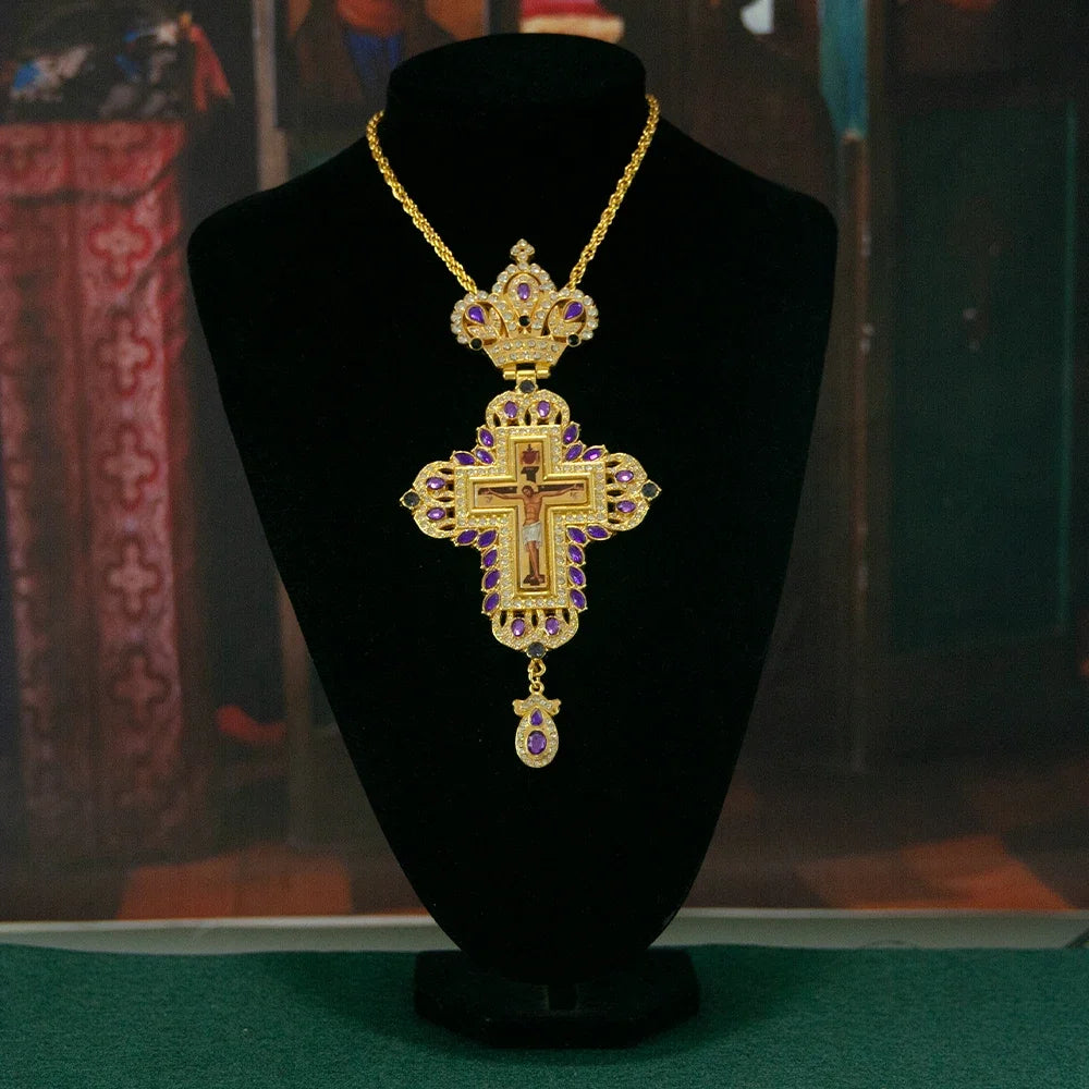 Gold-Plated Orthodox Pectoral Cross with Chain & Gemstone Accents