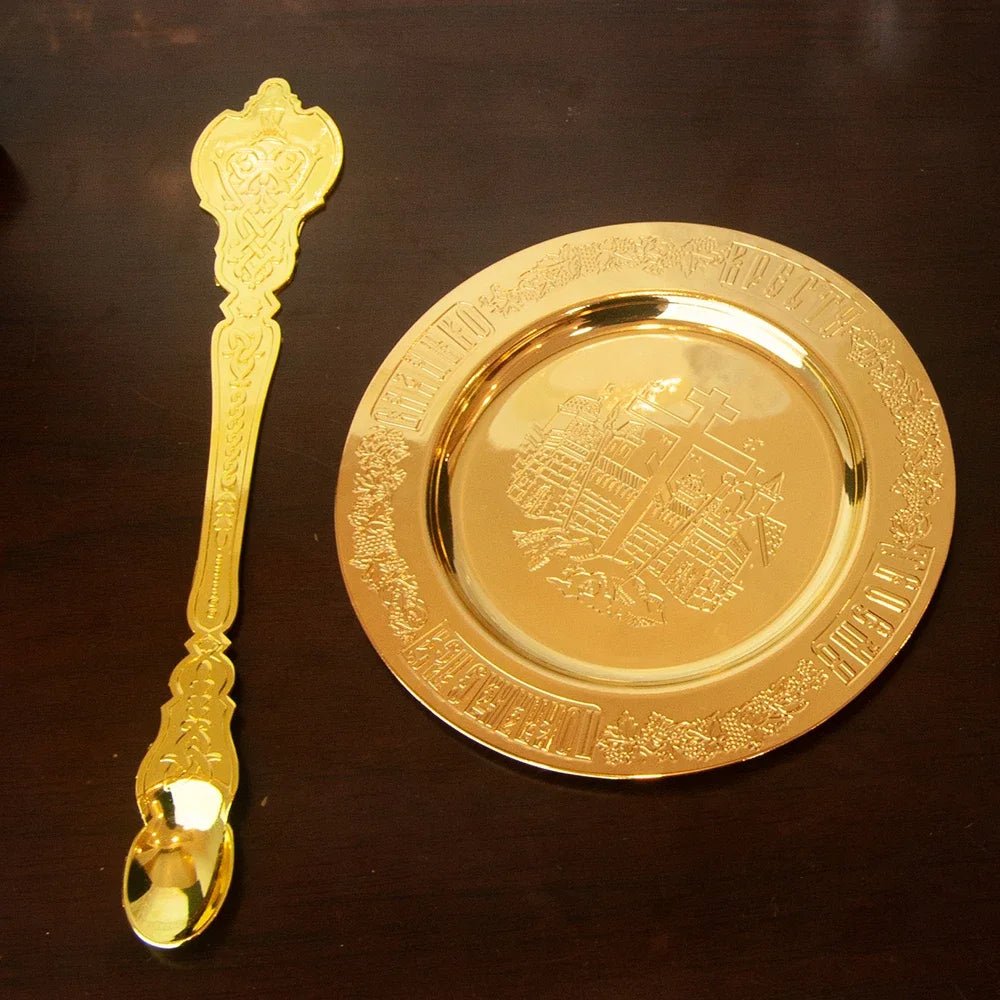 Gold-Plated Orthodox Holy Oil Utensil Set – Engraved Liturgical Dish, Spoon & Vessel - Sylva