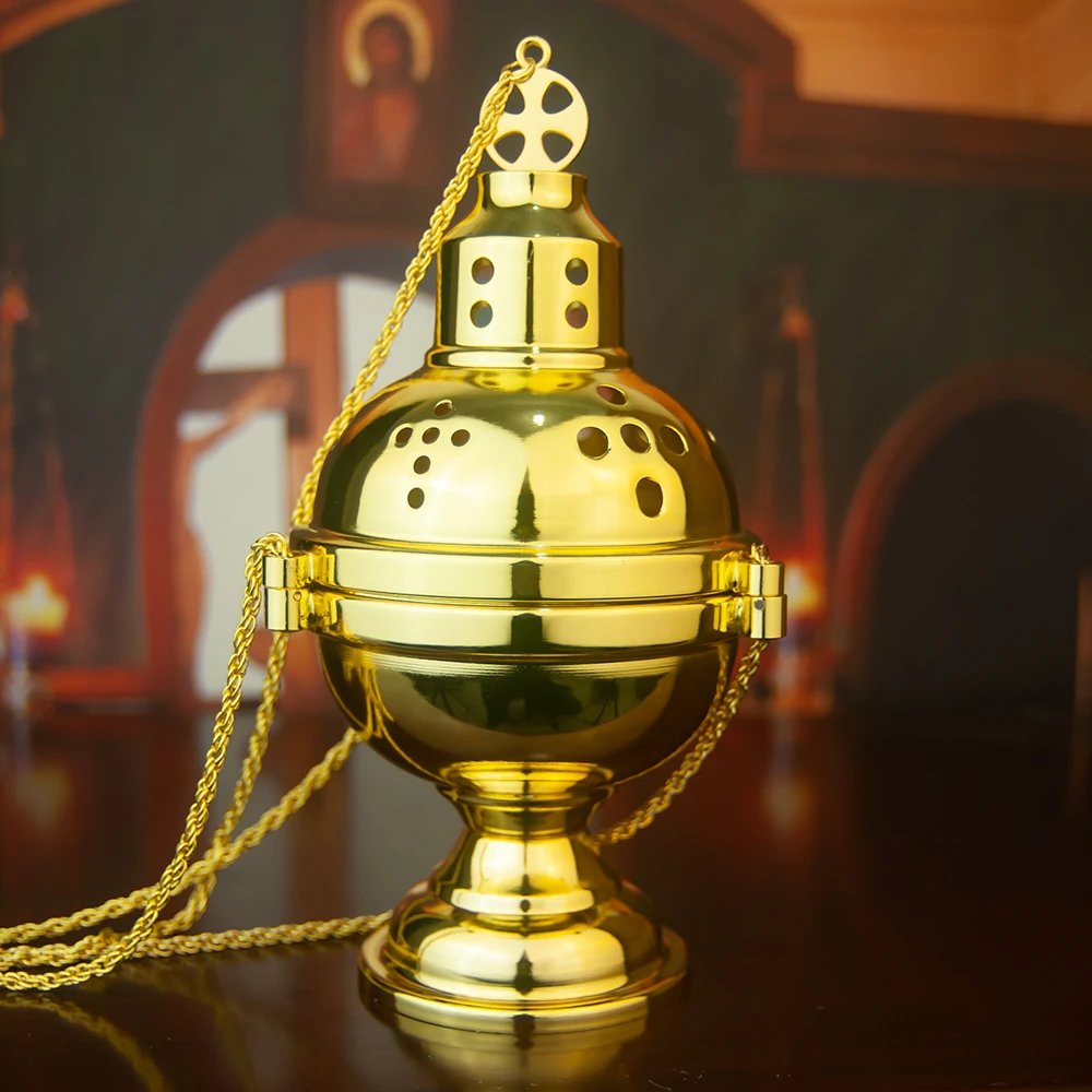 Premium Orthodox Church Incense Burner with Boat & Spoon – Traditional Greek Metal Thurible for Catholic & Orthodox Worship