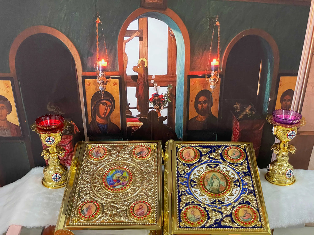 Ornate Orthodox Gospel Book Cover – Gilded Saint Icon & Rhinestone Design